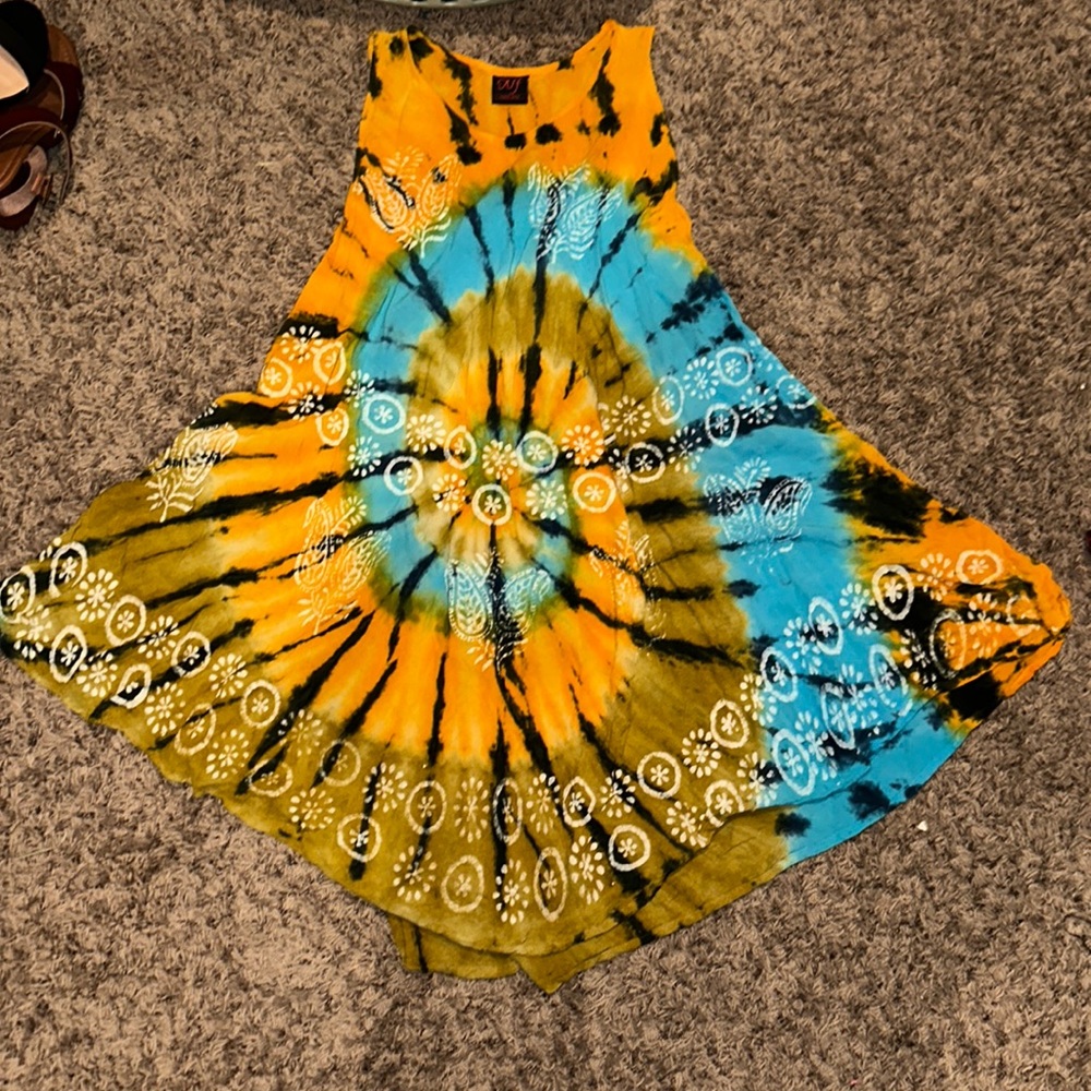 blue and orange hippie loose dress with black and white detail